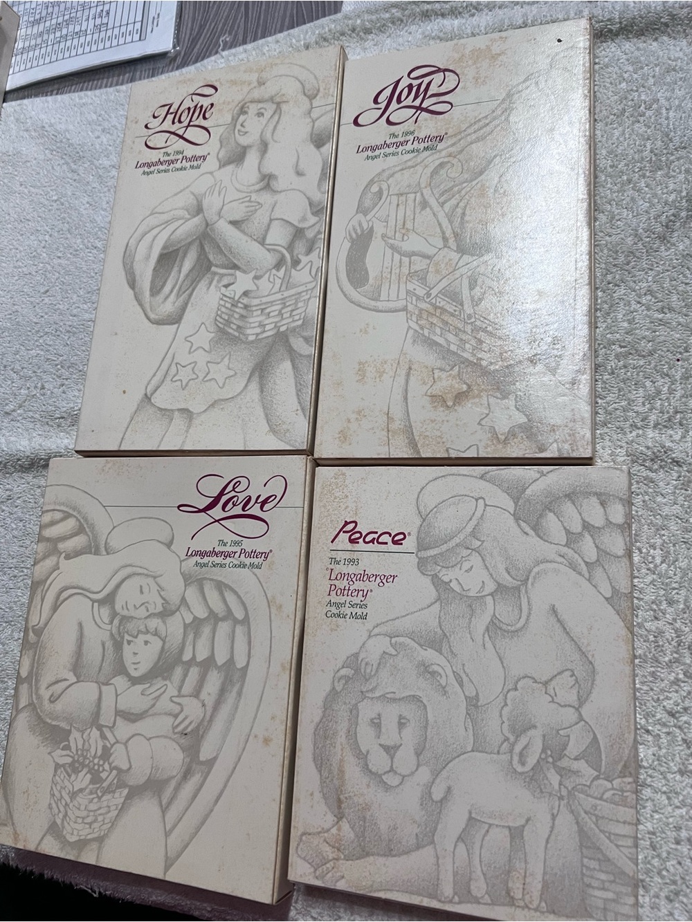 Longaberger Pottery Angel Series Cookie Molds Set 1993-1996 Peace Hope Love Joy